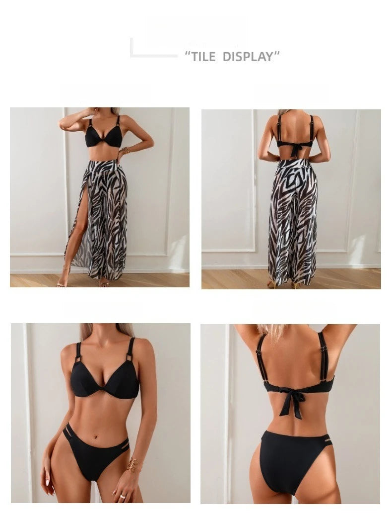 Women's Three-Piece Printed Swimsuit Set Fashion Split Bikini with Board Shorts Three-Piece Swimwear Summer Beachwear