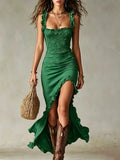 Women's Summer Beach Style Ruffle Trim Smocked Cami Midi Dress Side Ruched High Slit Flowy Hem Slim Fit Long Dress