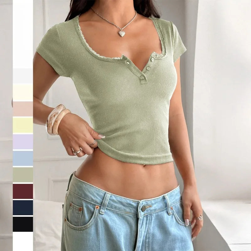 Women Y2K Short Sleeve Cropped Tee Lace Trim V Henley Neck Button Detail Ribbed Slim Fit T‑Shirt