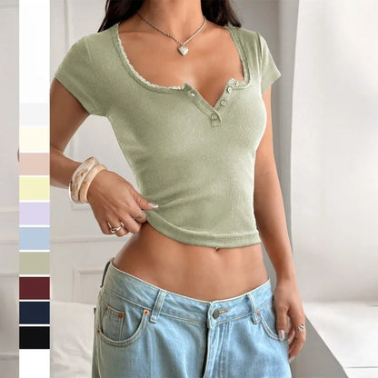Women Y2K Short Sleeve Cropped Tee Lace Trim V Henley Neck Button Detail Ribbed Slim Fit T‑Shirt