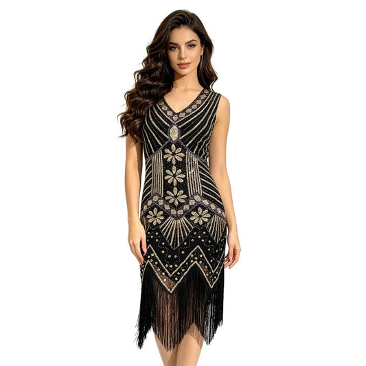 Women 1920s Flapper Dress Vintage Gatsby Beaded Sequin Fringe Midi Dress Sleeveless V Neck Roaring 20s Party Costume