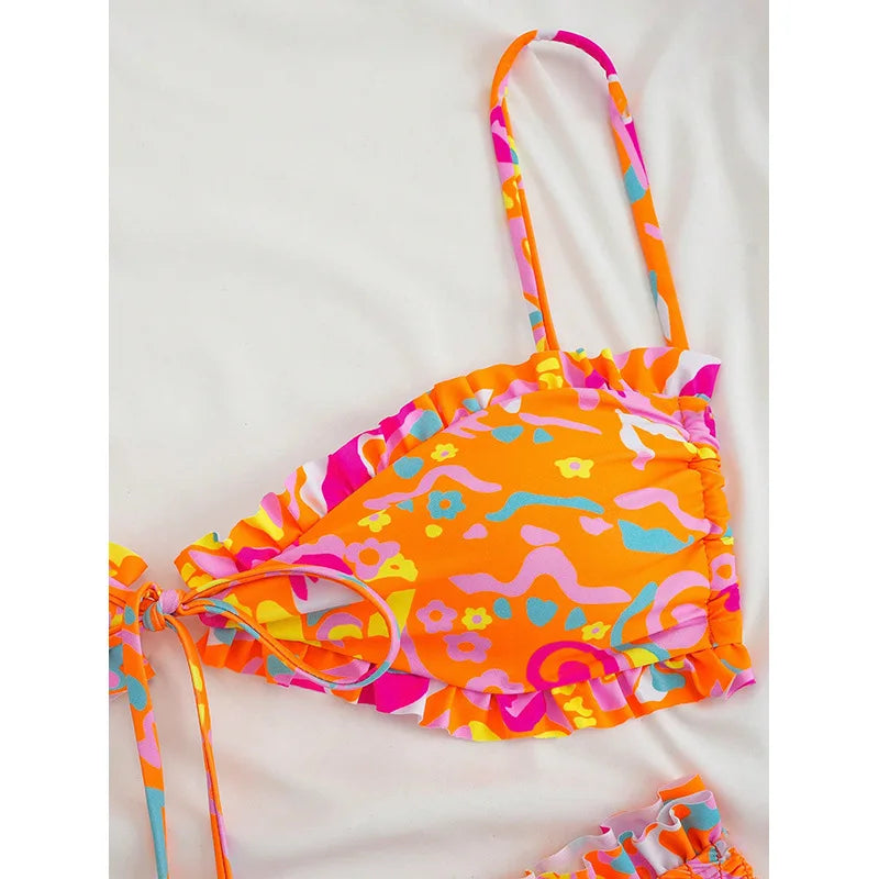 Women 2 Piece Abstract Print Ruffled Bikini Set Spaghetti Strap Front Tie High Waist Bathing Suit Summer Swimsuit for Pool Party