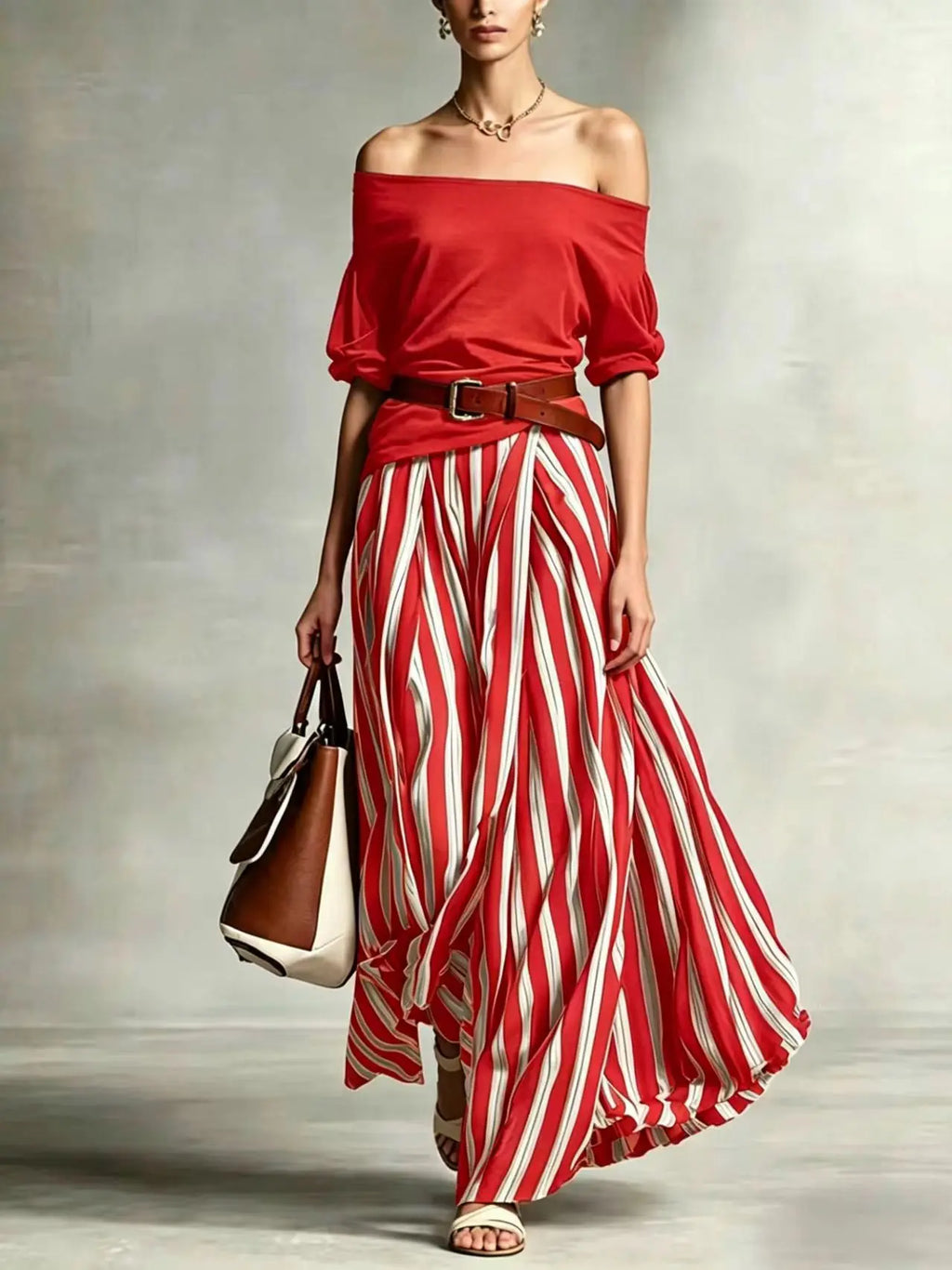 Women's Summer Off Shoulder Half Sleeve Top Vertical Stripe Split Maxi Skirt Two Piece Suit Loose Flowy Matching Set 2026