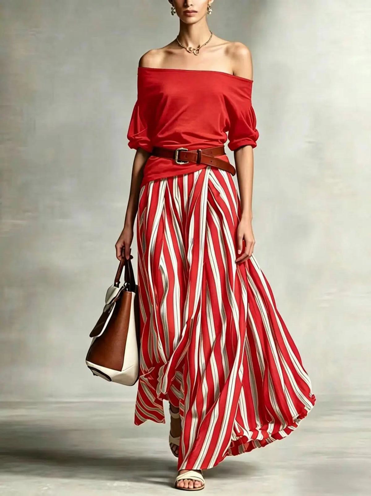 Women's Summer Off Shoulder Half Sleeve Top Vertical Stripe Split Maxi Skirt Two Piece Suit Loose Flowy Matching Set 2026