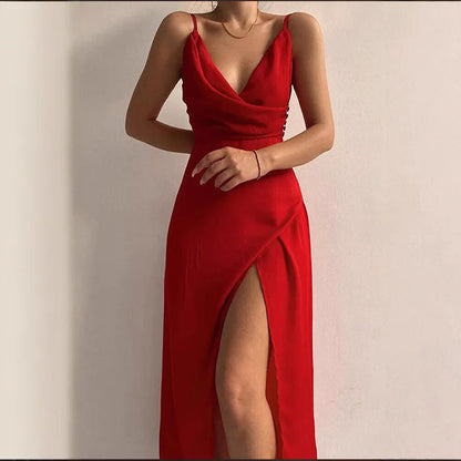Summer Sexy Women's Camisole V-neck Slit Dress Elegant Sleeveless Gradient Slim Fit High Waisted Dress Maxi Vestidos Woman Party