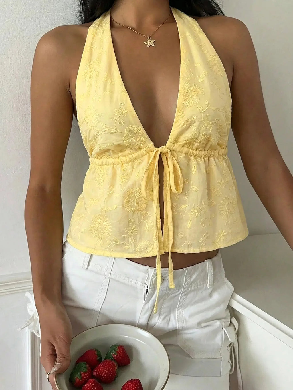 Boho Style Blouse Floral Embroidered Halter Top Tie Front Sleeveless Crop Top Summer Vacation Beachwear Festival Women Outfits