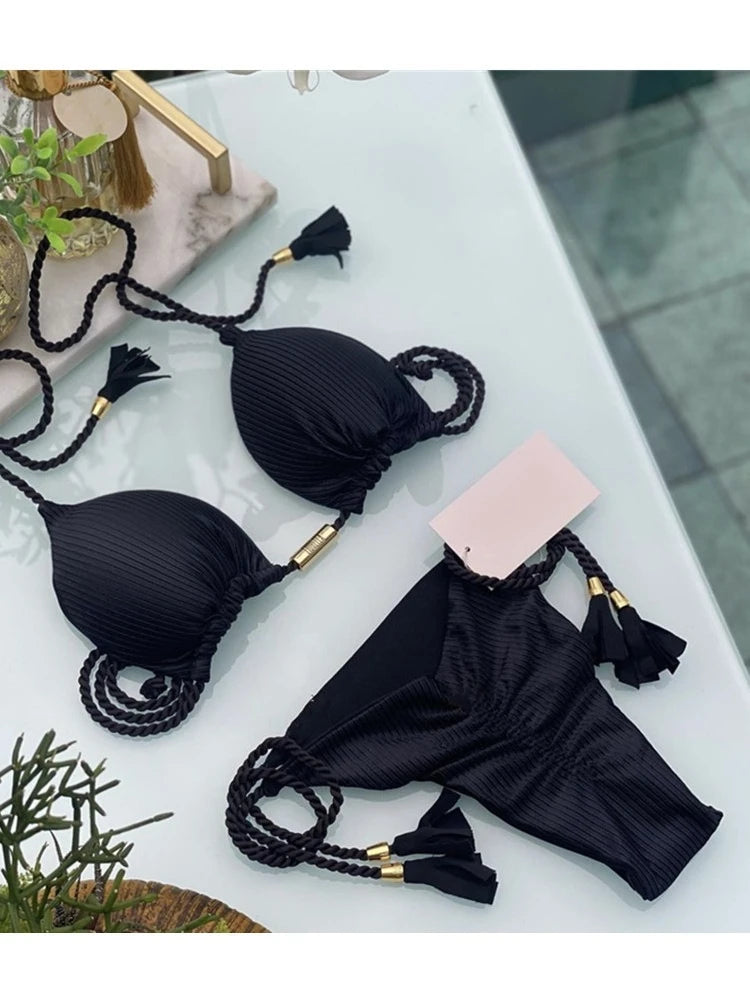Women's Halter Tie Tassel Detail Two Piece Water Outfit Adjustable Side Drawstring Separated Swim Set for Beach Vacation Outfits