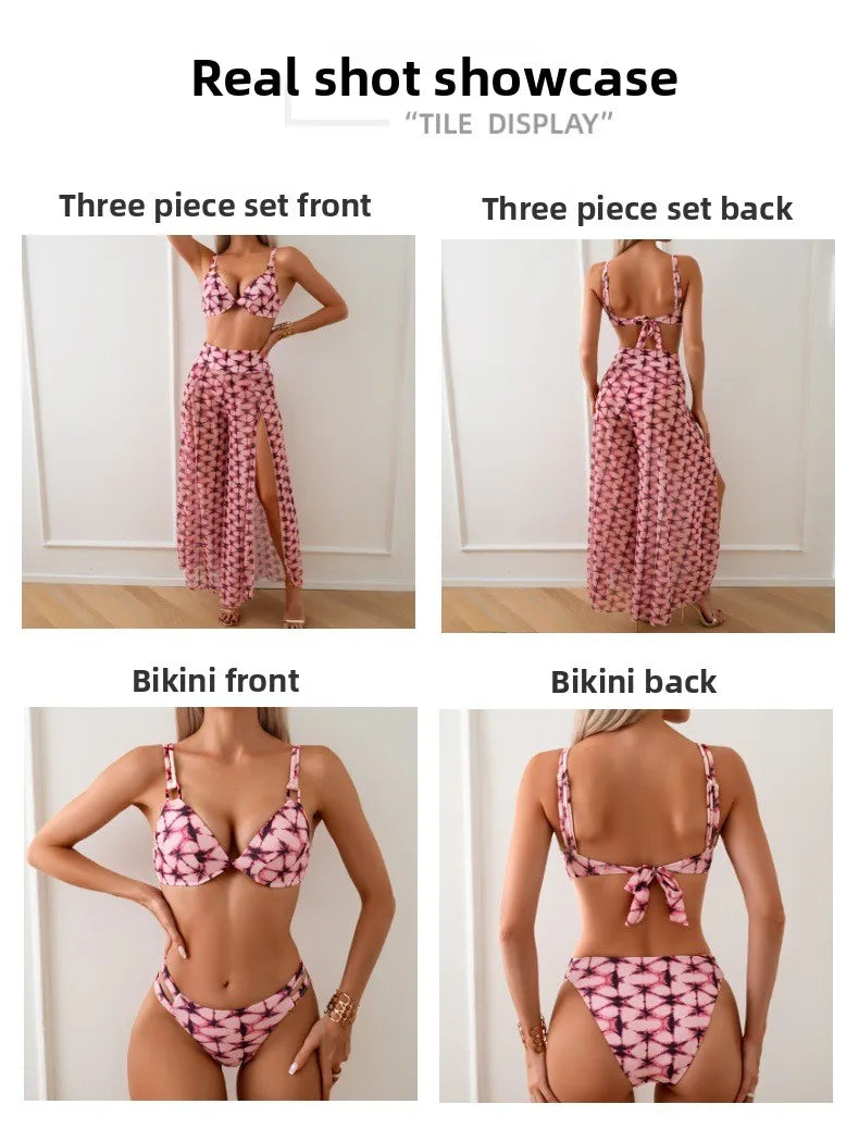 Women's Three-Piece Printed Swimsuit Set Fashion Split Bikini with Board Shorts Three-Piece Swimwear Summer Beachwear
