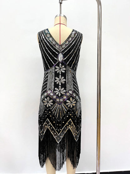 Women 1920s Flapper Dress Vintage Gatsby Beaded Sequin Fringe Midi Dress Sleeveless V Neck Roaring 20s Party Costume