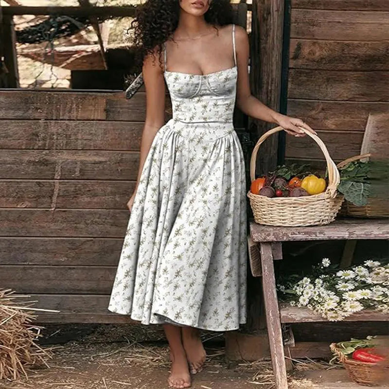 Women's French Retro Elegant V-Neck Sleeveless Slip Dress Bohemian Floral Beach Sundress Sexy Slim Fit Waist Cinched Long Dress