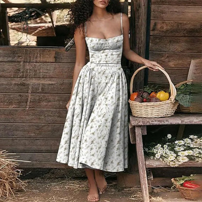 Women's French Retro Elegant V-Neck Sleeveless Slip Dress Bohemian Floral Beach Sundress Sexy Slim Fit Waist Cinched Long Dress