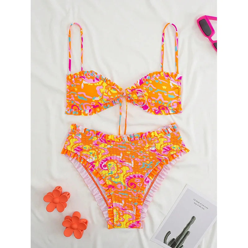 Women 2 Piece Abstract Print Ruffled Bikini Set Spaghetti Strap Front Tie High Waist Bathing Suit Summer Swimsuit for Pool Party