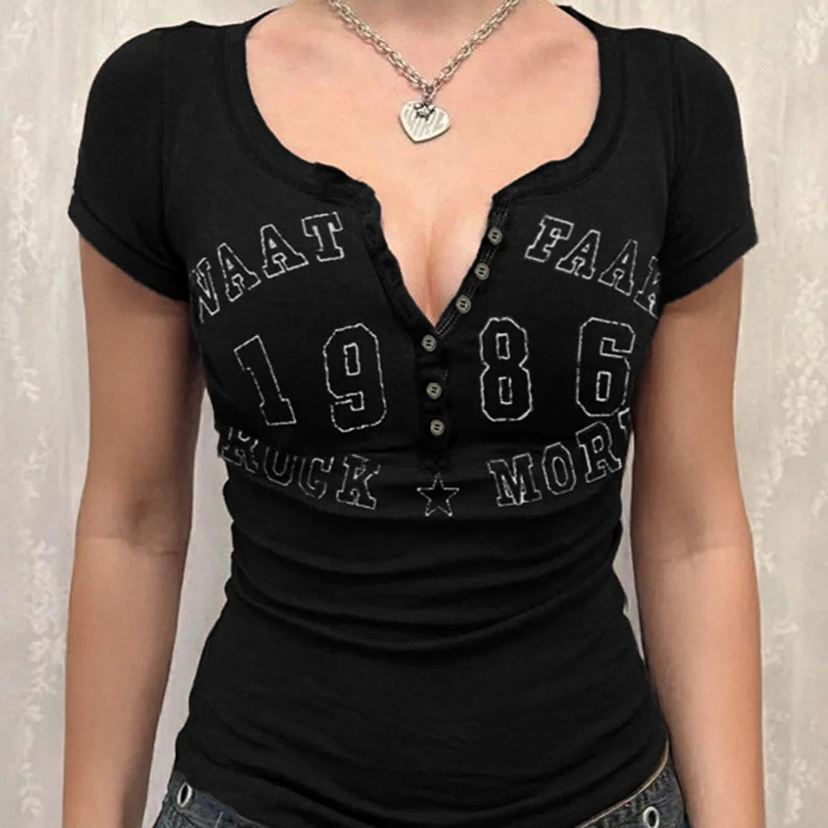 Women Vintage Graphic Print T-Shirt Short Sleeve Button Notch Neck Slim Fit Top Henley T-Shirt for Y2K Casual Streetwear