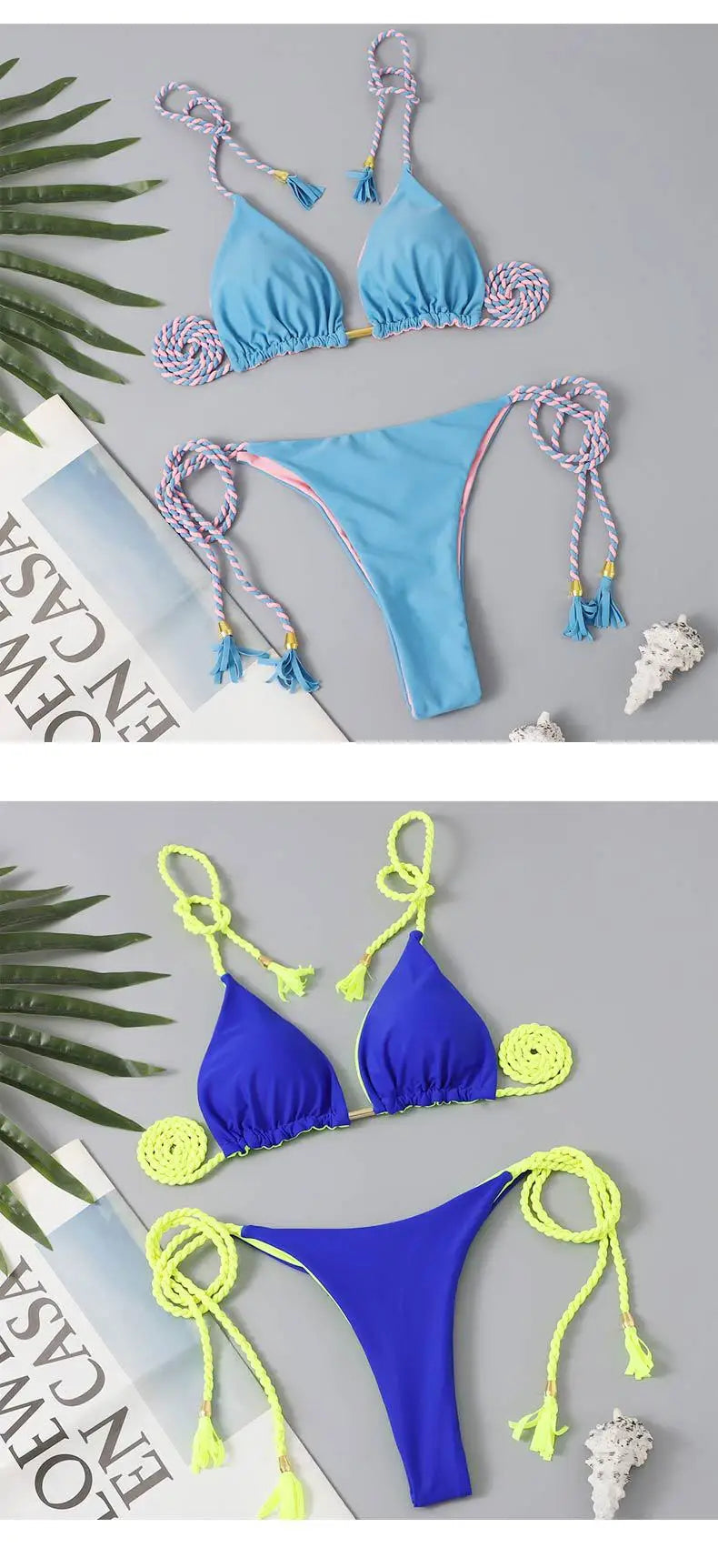 Women's Halter Tie Tassel Detail Two Piece Water Outfit Adjustable Side Drawstring Separated Swim Set for Beach Vacation Outfits