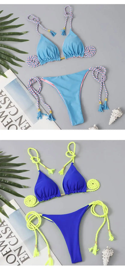Women's Halter Tie Tassel Detail Two Piece Water Outfit Adjustable Side Drawstring Separated Swim Set for Beach Vacation Outfits
