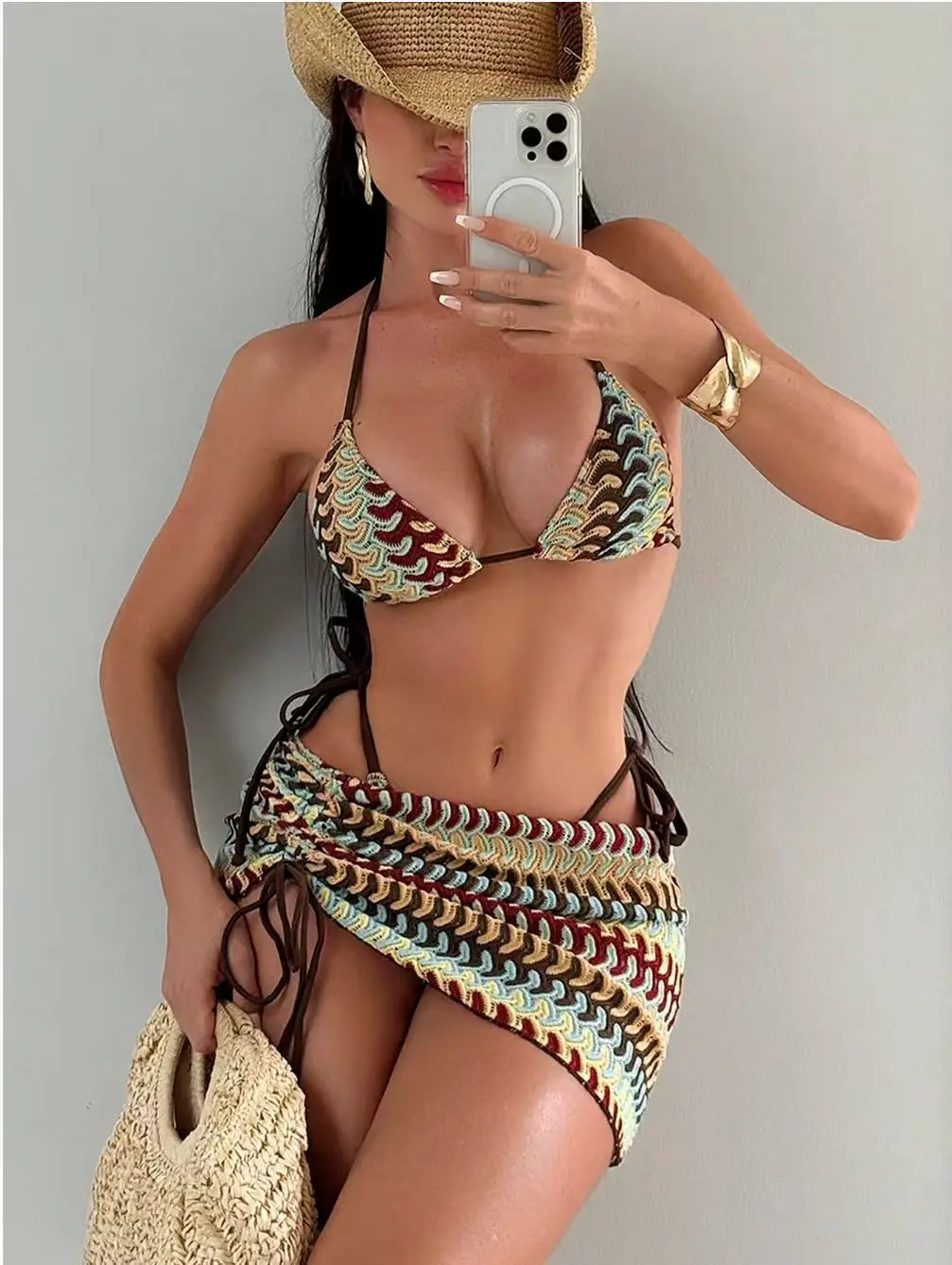 Women's Sexy 3 Piece Striped Bikinis Set Tie Side Top Cheeky Bottom with Wrap Skirt Summer Beach Holiday Swimsuits