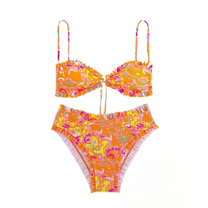 Women 2 Piece Abstract Print Ruffled Bikini Set Spaghetti Strap Front Tie High Waist Bathing Suit Summer Swimsuit for Pool Party