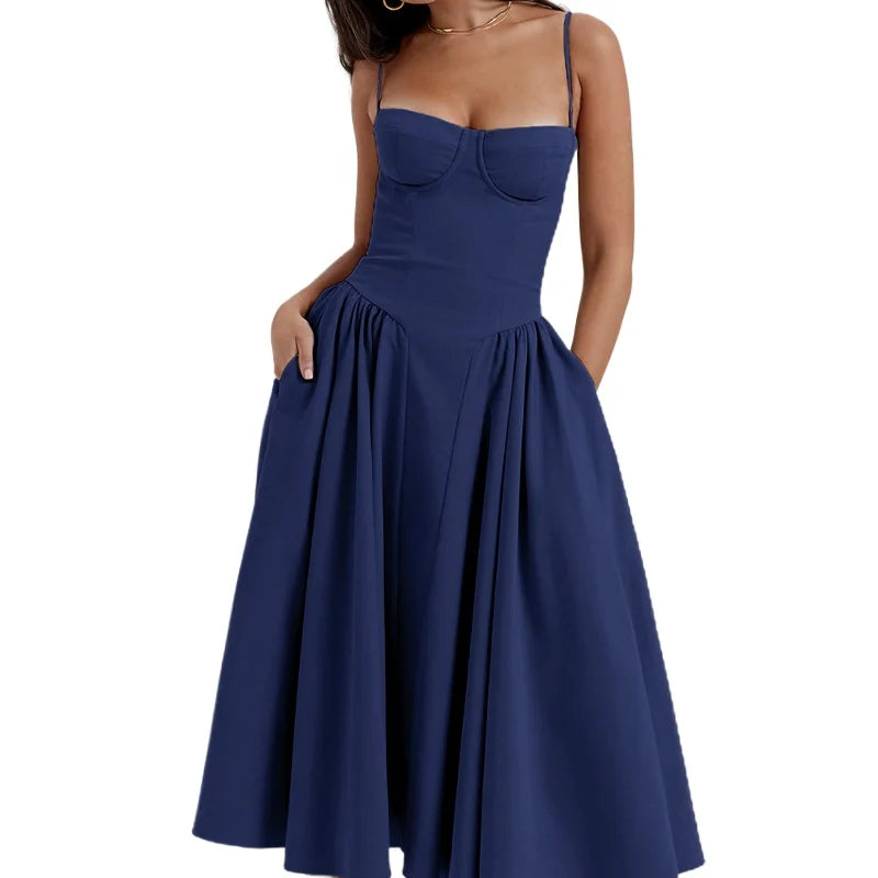 Women's French Retro Elegant V-Neck Sleeveless Slip Dress Bohemian Floral Beach Sundress Sexy Slim Fit Waist Cinched Long Dress