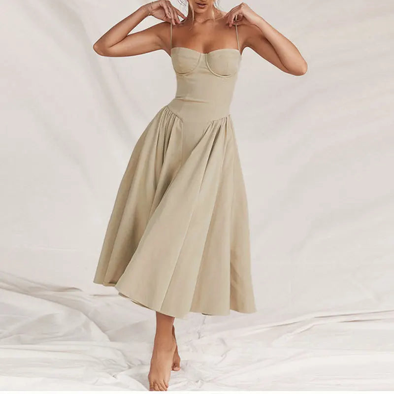 Women's French Retro Elegant V-Neck Sleeveless Slip Dress Bohemian Floral Beach Sundress Sexy Slim Fit Waist Cinched Long Dress