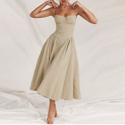 Women's French Retro Elegant V-Neck Sleeveless Slip Dress Bohemian Floral Beach Sundress Sexy Slim Fit Waist Cinched Long Dress