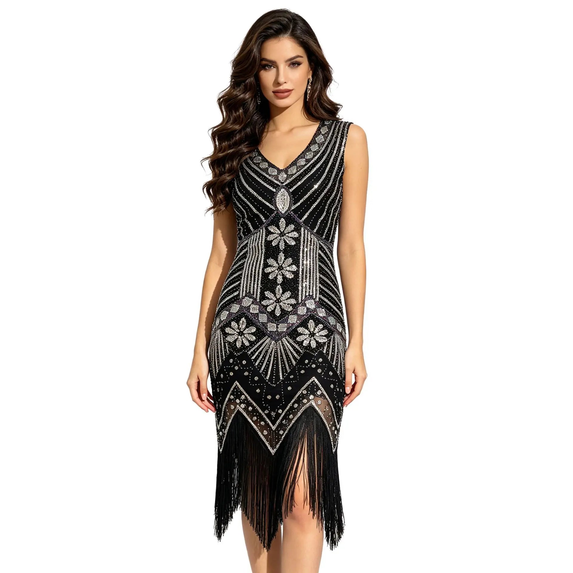 Women 1920s Flapper Dress Vintage Gatsby Beaded Sequin Fringe Midi Dress Sleeveless V Neck Roaring 20s Party Costume
