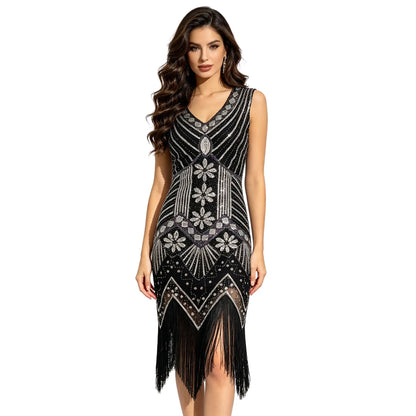 Women 1920s Flapper Dress Vintage Gatsby Beaded Sequin Fringe Midi Dress Sleeveless V Neck Roaring 20s Party Costume