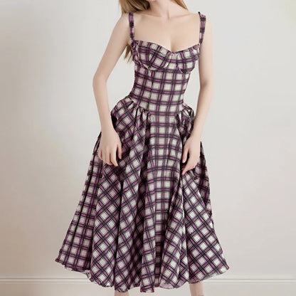 Women's French Retro Elegant V-Neck Sleeveless Slip Dress Bohemian Floral Beach Sundress Sexy Slim Fit Waist Cinched Long Dress