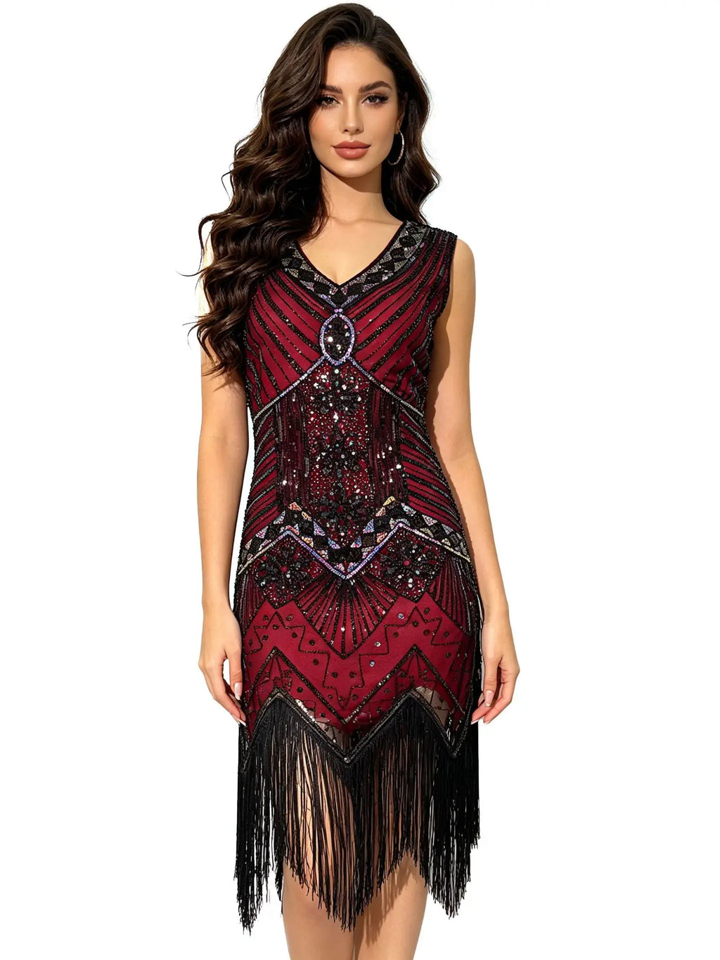 Women 1920s Flapper Dress Vintage Gatsby Beaded Sequin Fringe Midi Dress Sleeveless V Neck Roaring 20s Party Costume