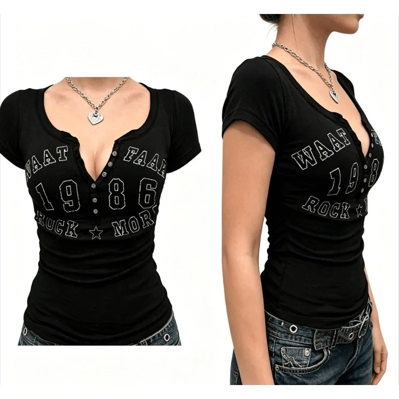 Women Vintage Graphic Print T-Shirt Short Sleeve Button Notch Neck Slim Fit Top Henley T-Shirt for Y2K Casual Streetwear