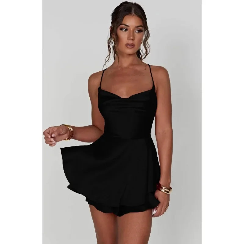 Women Sexy Satin Sleeveless Cami Playsuit Solid Cowl Neck Cross Tie Backless Short Jumpsuit Fashion Slim Fit Summer Romper