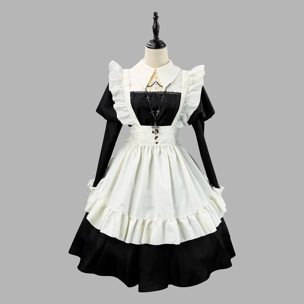Women's Maid Lolita Dress Long Puff Sleeve Ruffle Apron Cosplay Costume with Headwear Theme Party Role Playing Outfits