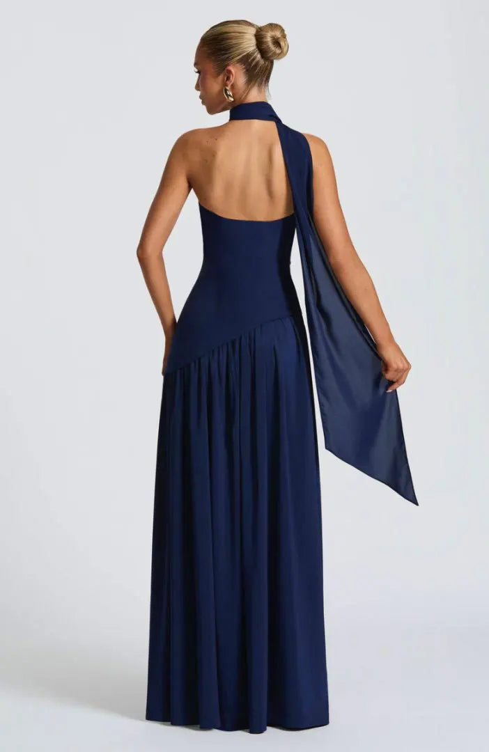 Women Strapless Asymmetrical Maxi Dress with Detachable Neck Wrap Pleated Flowy Long Evening Party Gown
