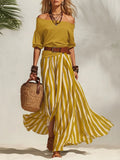 Women's Summer Off Shoulder Half Sleeve Top Vertical Stripe Split Maxi Skirt Two Piece Suit Loose Flowy Matching Set 2026