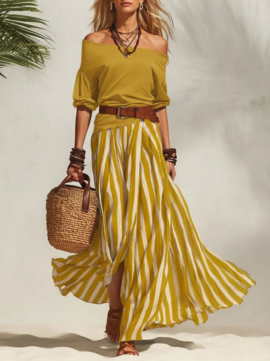 Women's Summer Off Shoulder Half Sleeve Top Vertical Stripe Split Maxi Skirt Two Piece Suit Loose Flowy Matching Set 2026