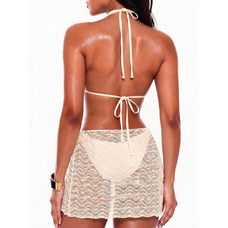 Boho Hollow Knit 3 Piece Swimwear Halter Bikini Top Bottom Sarong Skirt Breathable Lace Bathing Suit for Beach Sunbathing