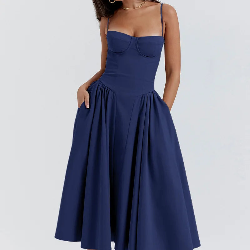 Women's French Retro Elegant V-Neck Sleeveless Slip Dress Bohemian Floral Beach Sundress Sexy Slim Fit Waist Cinched Long Dress