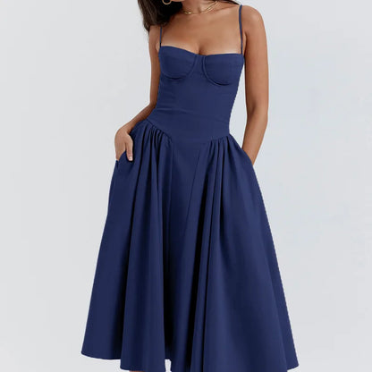 Women's French Retro Elegant V-Neck Sleeveless Slip Dress Bohemian Floral Beach Sundress Sexy Slim Fit Waist Cinched Long Dress