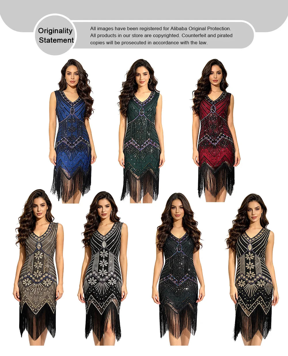 Women 1920s Flapper Dress Vintage Gatsby Beaded Sequin Fringe Midi Dress Sleeveless V Neck Roaring 20s Party Costume