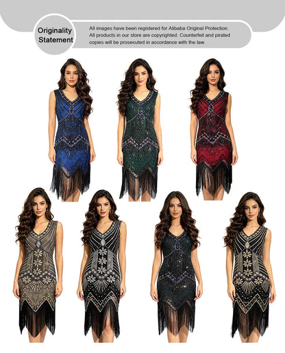 Women 1920s Flapper Dress Vintage Gatsby Beaded Sequin Fringe Midi Dress Sleeveless V Neck Roaring 20s Party Costume