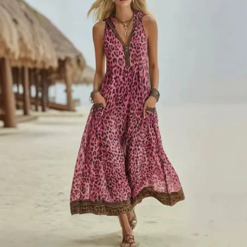 Women Sleeveless Hooded Zip Front Animal Spot Print Midi Dress Loose Flowy Swing Hem Pocket Long Outfit