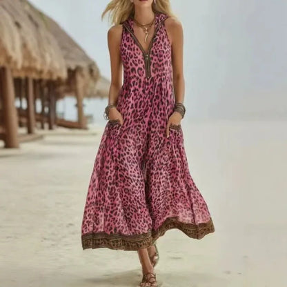 Women Sleeveless Hooded Zip Front Animal Spot Print Midi Dress Loose Flowy Swing Hem Pocket Long Outfit