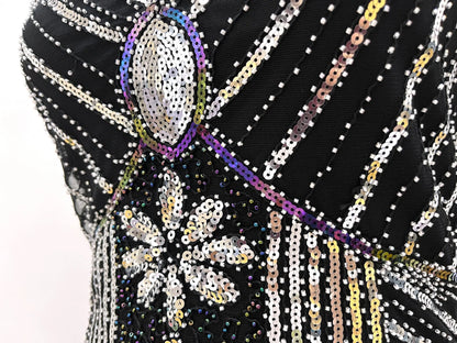 Women 1920s Flapper Dress Vintage Gatsby Beaded Sequin Fringe Midi Dress Sleeveless V Neck Roaring 20s Party Costume