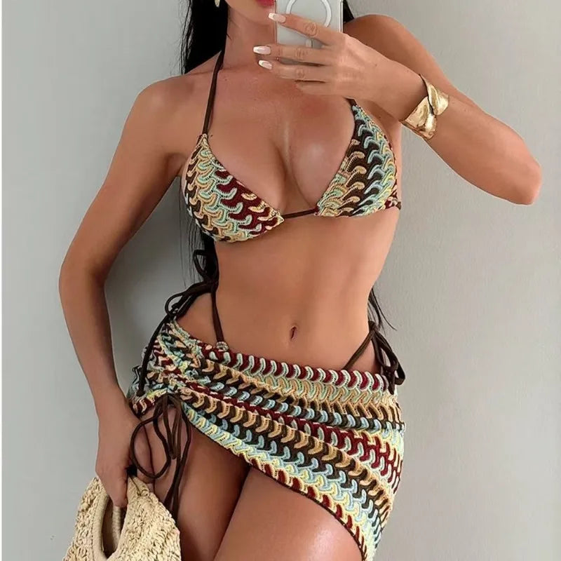 Women's Sexy 3 Piece Striped Bikinis Set Tie Side Top Cheeky Bottom with Wrap Skirt Summer Beach Holiday Swimsuits
