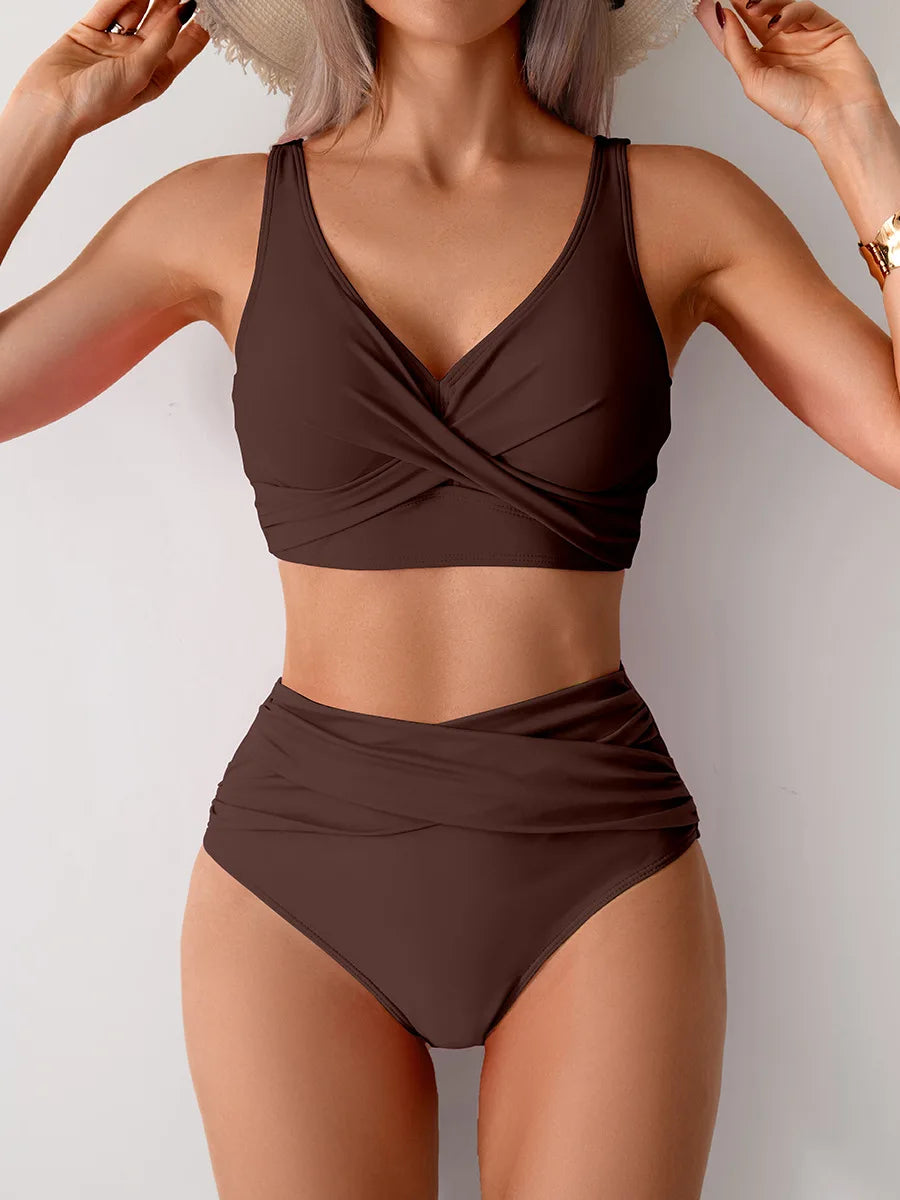 Women's Sexy Solid Color High Waist Bikini Set with Chest Pad Split Two-Piece Beach Pool Bathing Suits