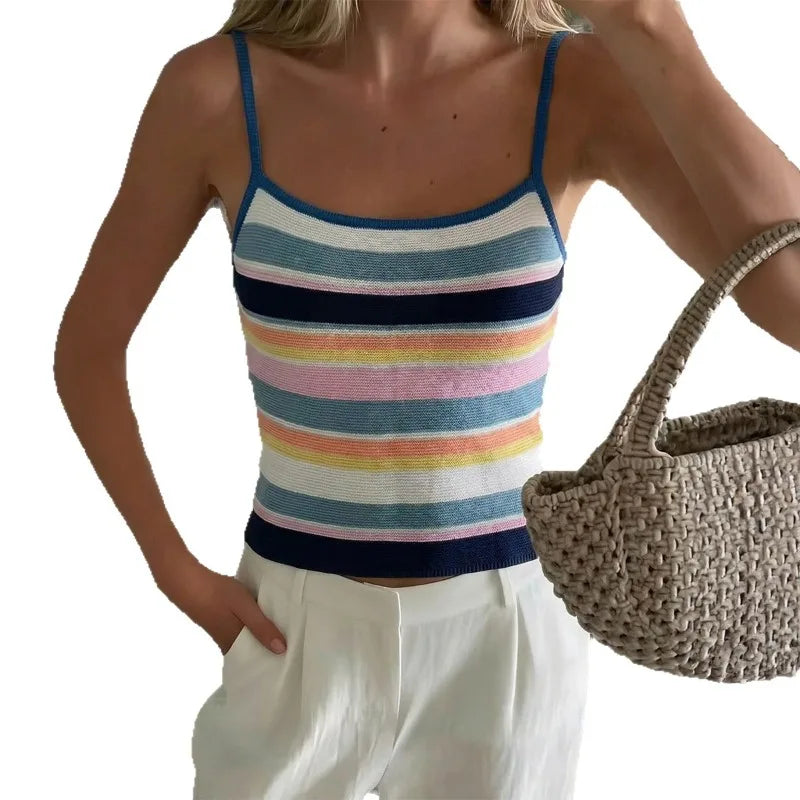 Colorful Rainbow Striped Knit Tank Top Strap Square Neck Slim Fit Crop Cami Casual Daily Women Beach Streetwear