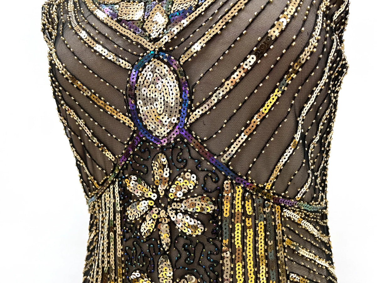 Women 1920s Flapper Dress Vintage Gatsby Beaded Sequin Fringe Midi Dress Sleeveless V Neck Roaring 20s Party Costume