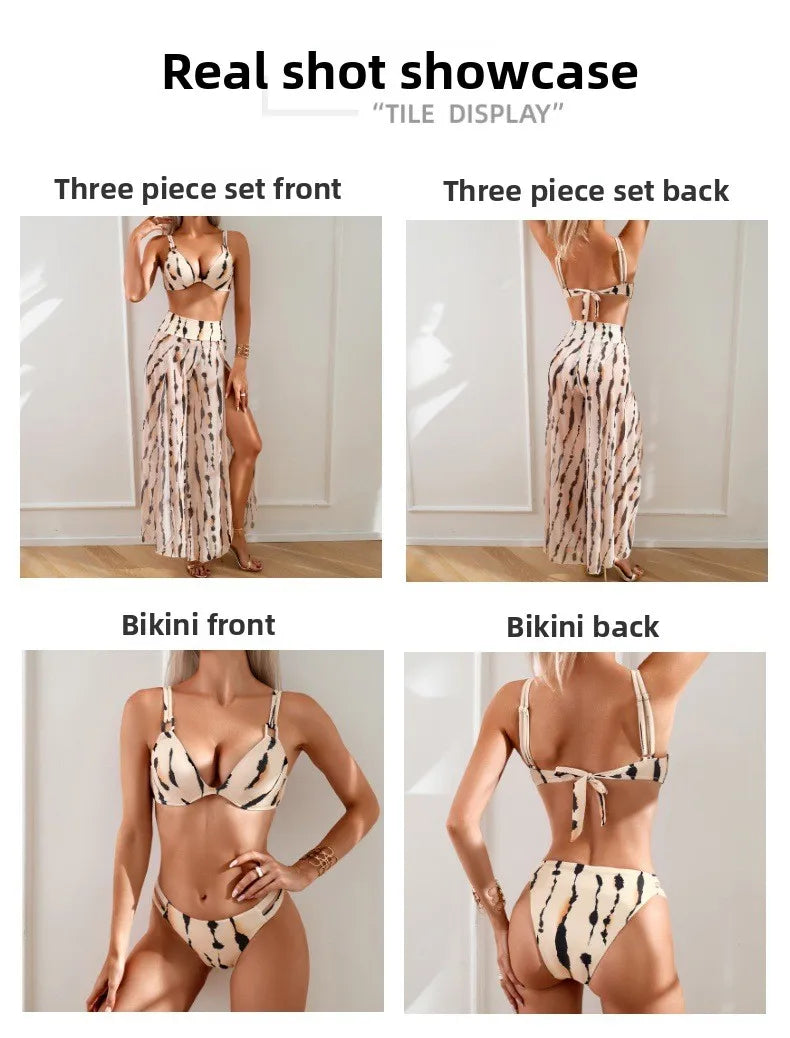 Women's Three-Piece Printed Swimsuit Set Fashion Split Bikini with Board Shorts Three-Piece Swimwear Summer Beachwear
