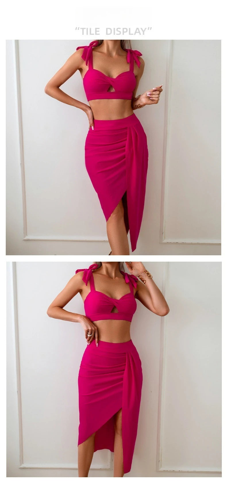 Women's Sexy Round Neck Solid Color Swimming Set High Waist Bikini with Skirt and Underpants 3-Piece Set for Seabeach