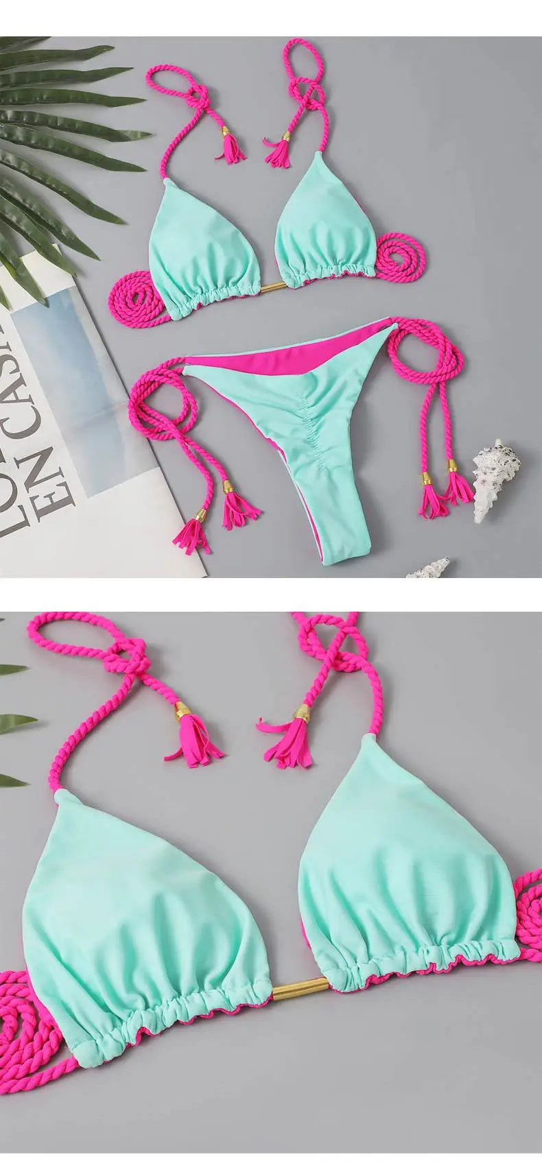 Women's Halter Tie Tassel Detail Two Piece Water Outfit Adjustable Side Drawstring Separated Swim Set for Beach Vacation Outfits