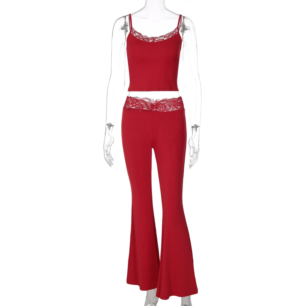 Women Summer Sexy Fungus Trim Spaghetti-Strap Tops Sexy Party Streetwear Patchwork Lace 2 Piece Sets